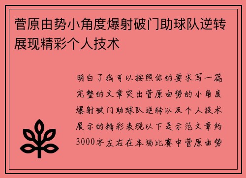 菅原由势小角度爆射破门助球队逆转展现精彩个人技术 菅原由势小角度爆射破门助球队逆转展现精彩个人技术
